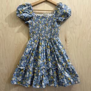 Hello Franki Blue Yellow Floral Smocked Tiered Ruffle Dress XL 14 Girls Easter